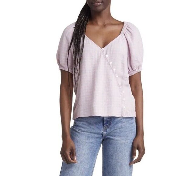 Madewell Linen-Blend Puff-Sleeve Button-Wrap Top in Plaid Lavender 3x - Picture 1 of 13